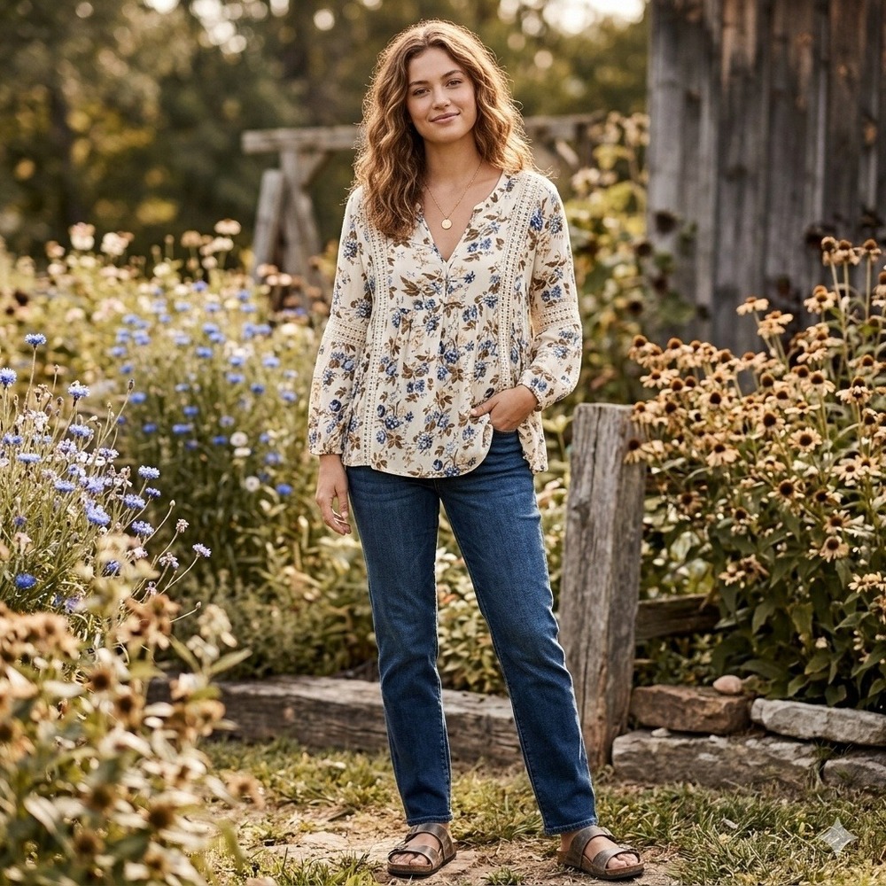 Cottagecore Flowy American Eagle Peasant Top Womens L Cream Floral Boho Lace